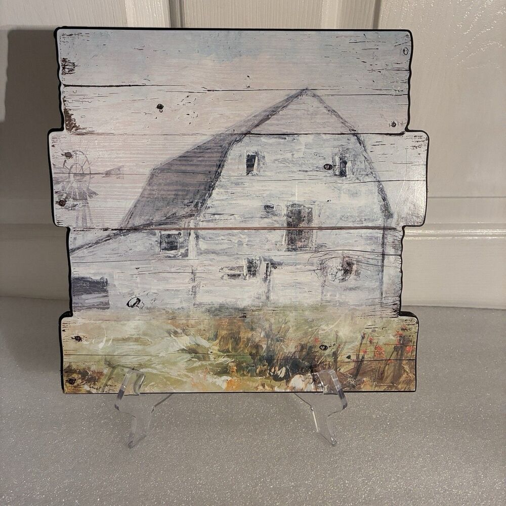 Farmhouse Cottage Core Picture Of White Washed Barn With Easel 10”x10”